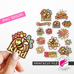Print and Cut Cute Retro Stickers Bee Kind Earth Colors PNG Print and Cut