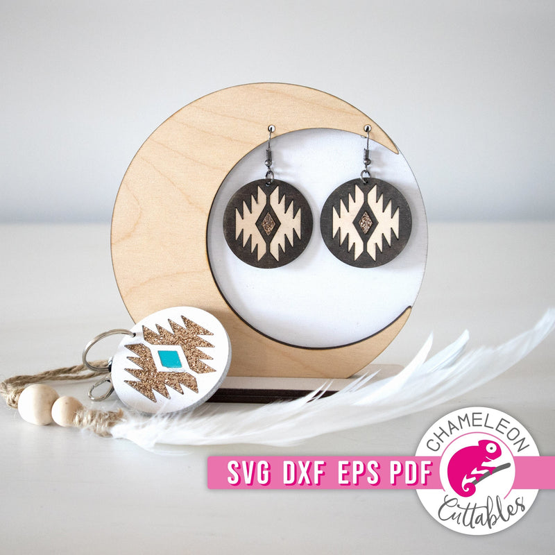 Aztec inspired Circle Earrings and Keychain for Laser cutter svg dxf eps pdf SVG DXF PNG Cutting File