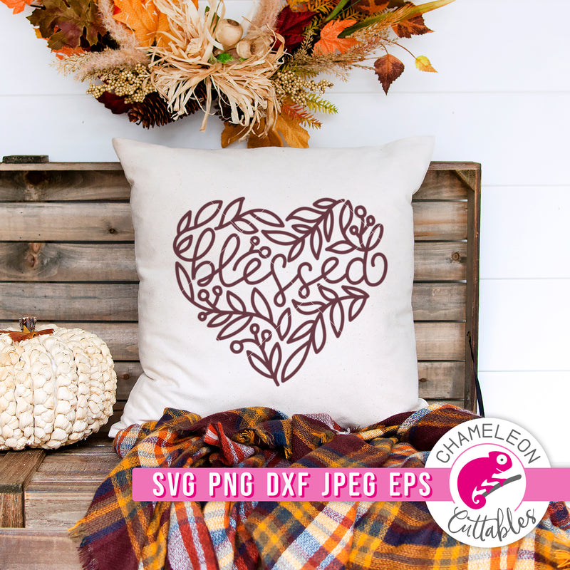 Blessed Heart with Fall Leaves Thanksgiving svg png dxf eps jpeg