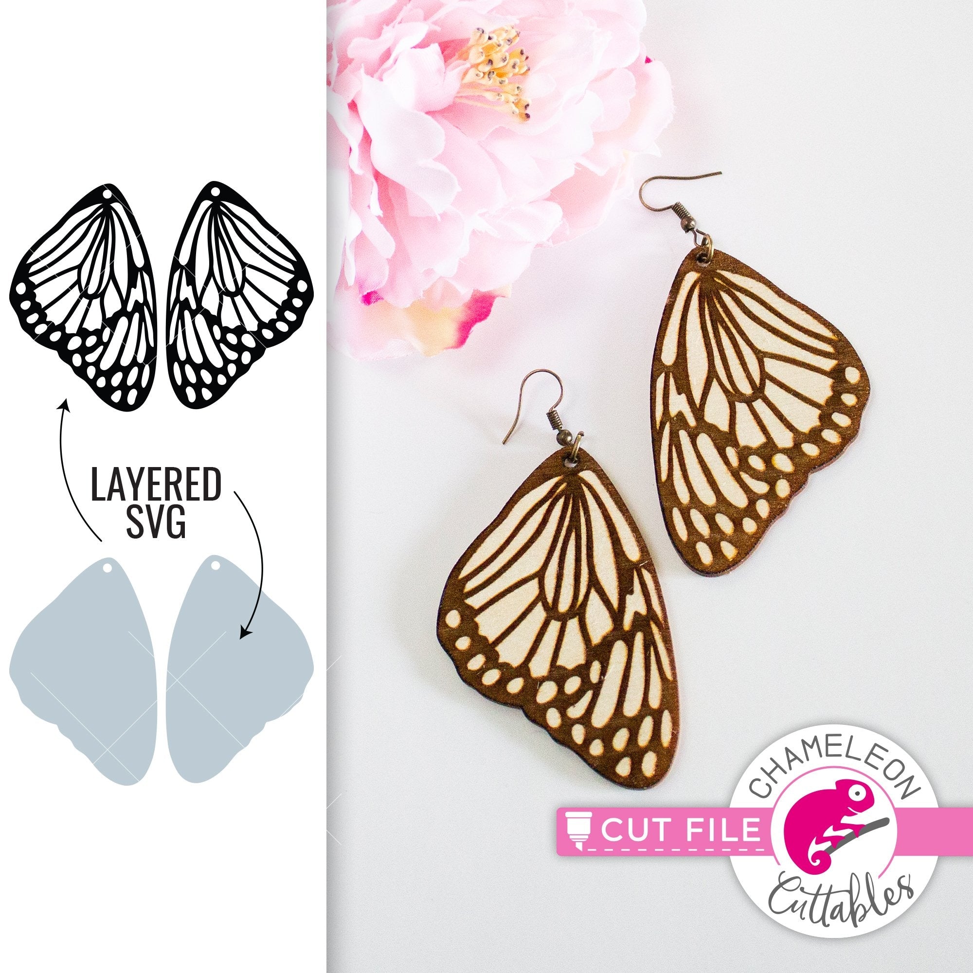Butterfly earrings template SVG png dxf eps jpeg Chameleon Cuttables LLC