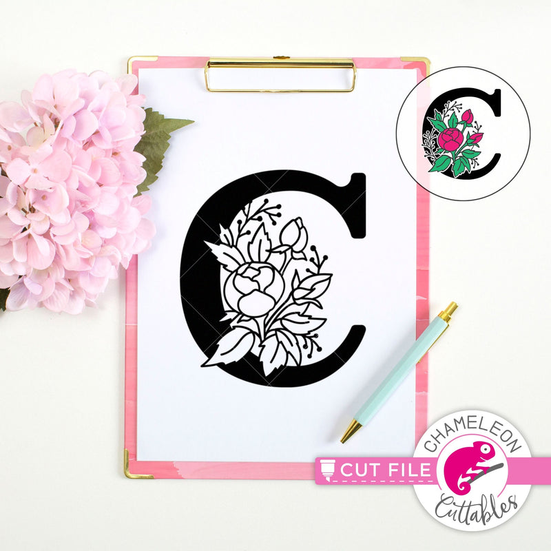 C Floral Monogram Letter with Flowers svg png dxf eps jpeg SVG DXF PNG Cutting File