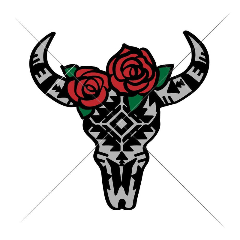 Cow Skull Bull Head With Aztec Pattern And Roses Multi Color Svg Png Dxf Eps Svg Dxf Png Cutting File