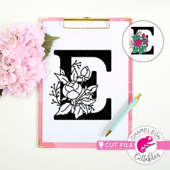 E Floral Monogram Letter with Flowers svg png dxf eps jpeg SVG DXF PNG Cutting File