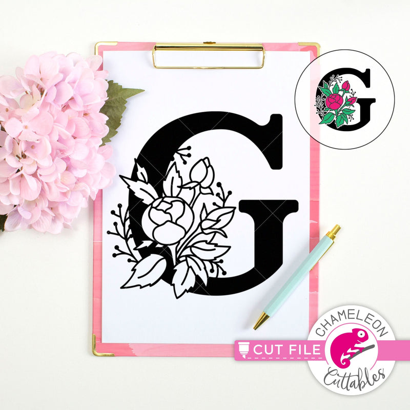 G Floral Monogram Letter with Flowers svg png dxf eps jpeg SVG DXF PNG Cutting File