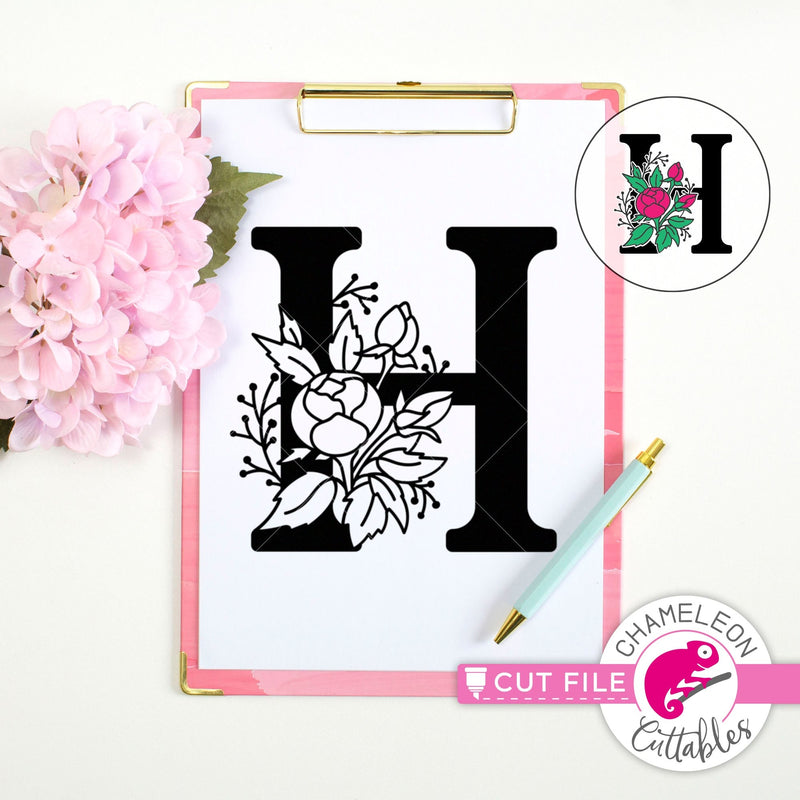 H Floral Monogram Letter with Flowers svg png dxf eps jpeg SVG DXF PNG Cutting File