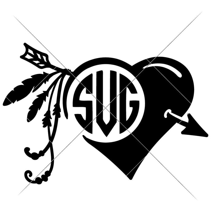 Heart With Arrow And Feathers For Monogram Svg Png Dxf Eps Svg Dxf Png Cutting File