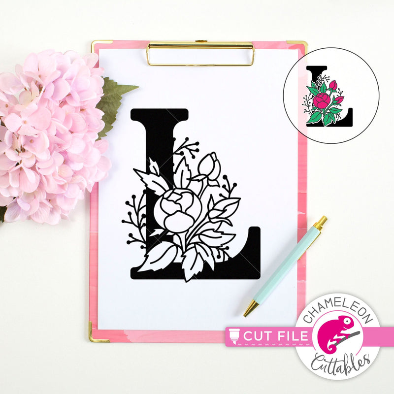 L Floral Monogram Letter with Flowers svg png dxf eps jpeg SVG DXF PNG Cutting File
