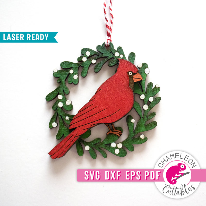 Cardinal Mistletoe Wreath Ornament Christmas Laser svg dxf eps pdf