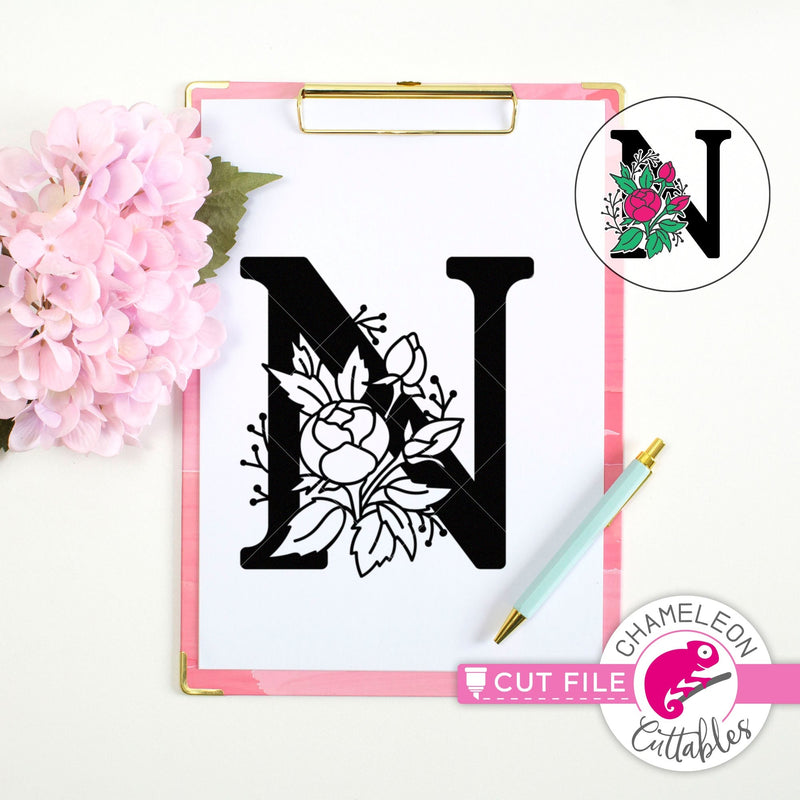 N Floral Monogram Letter with Flowers svg png dxf eps jpeg SVG DXF PNG Cutting File