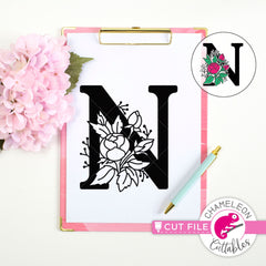 N Floral Monogram Letter with Flowers svg png dxf eps jpeg SVG DXF PNG Cutting File