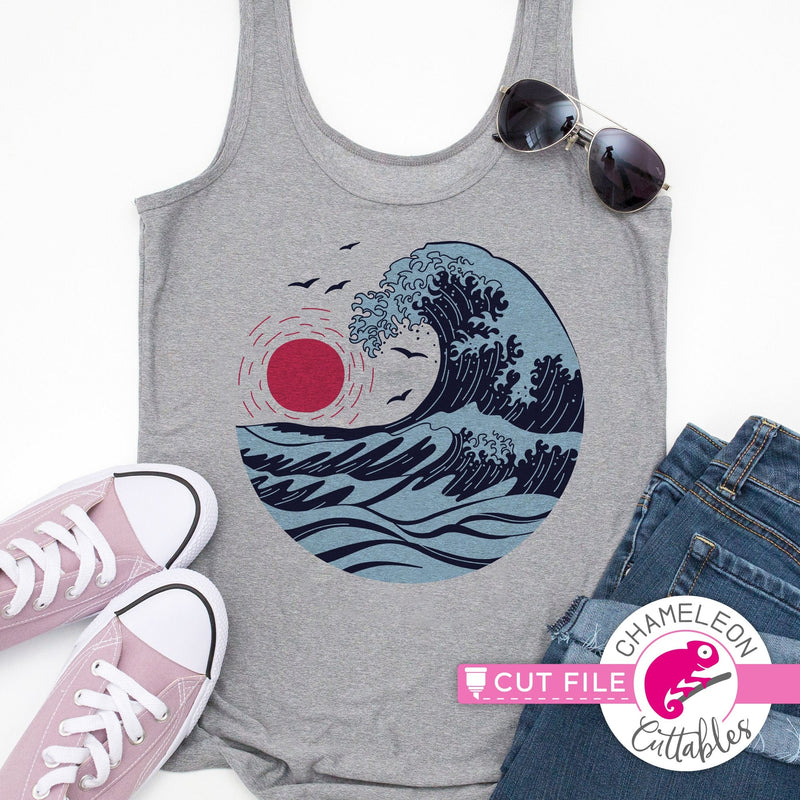 Ocean wave sunset drawing circle layered svg png dxf eps jpeg SVG DXF PNG Cutting File