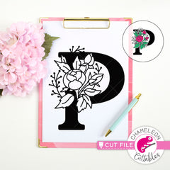 P Floral Monogram Letter with Flowers svg png dxf eps jpeg SVG DXF PNG Cutting File