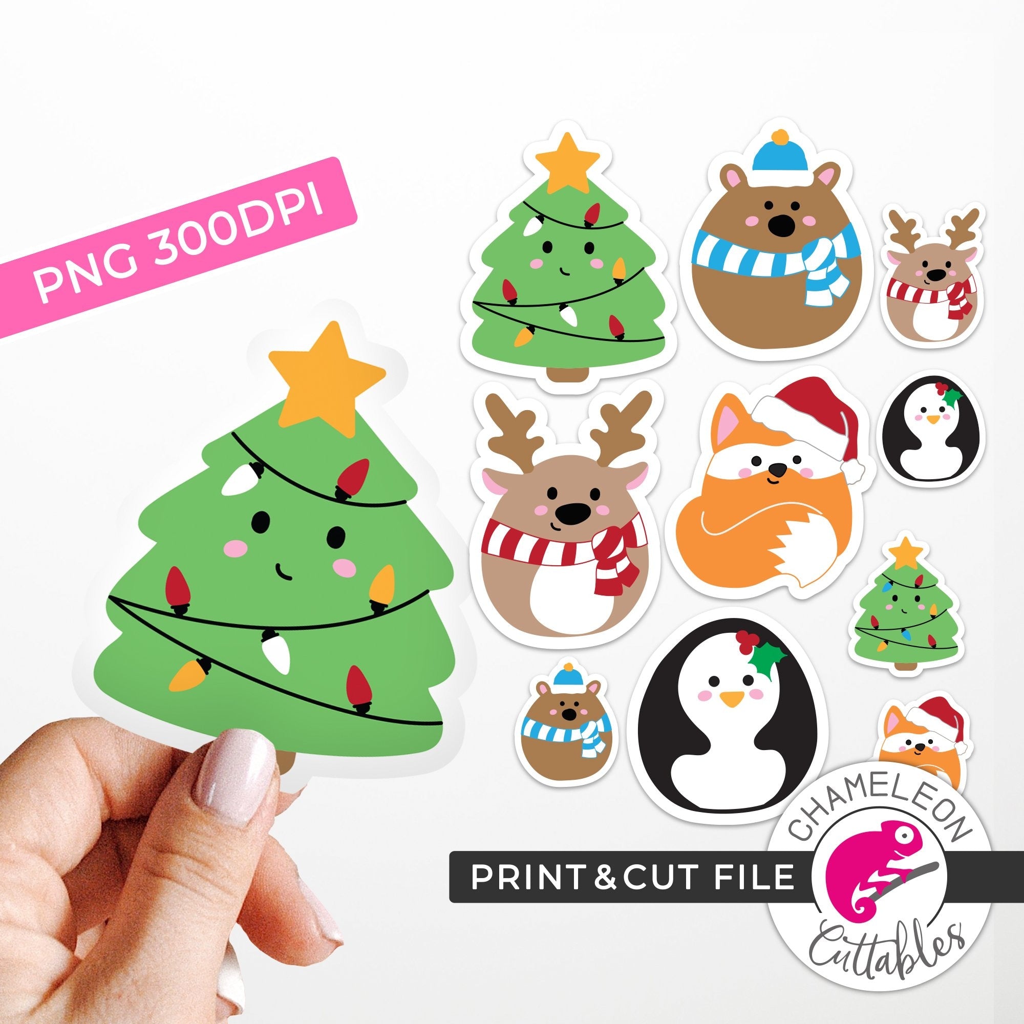 Print and Cut Cute Christmas Animal Stickers PNG Chameleon Cuttables LLC