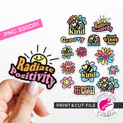 Print and Cut Cute Retro Stickers Bee Kind Pastel PNG Print and Cut