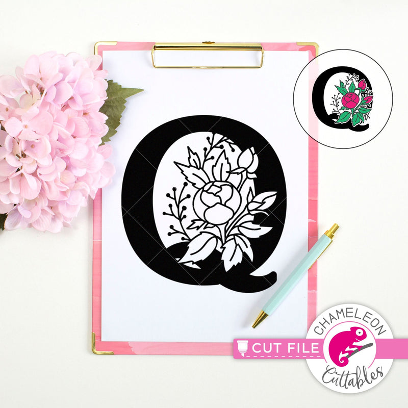 Q Floral Monogram Letter with Flowers svg png dxf eps jpeg SVG DXF PNG Cutting File