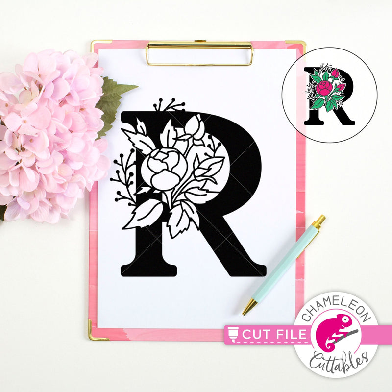 R Floral Monogram Letter with Flowers svg png dxf eps jpeg SVG DXF PNG Cutting File