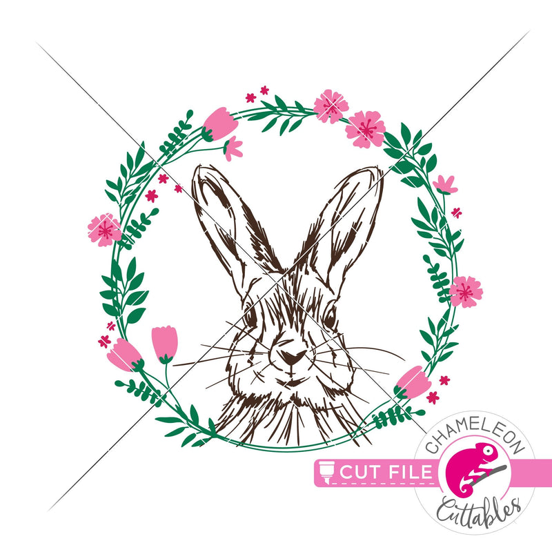 Rabbit sketch drawing Easter bunny with floral wreath svg png dxf eps jpeg SVG DXF PNG Cutting File
