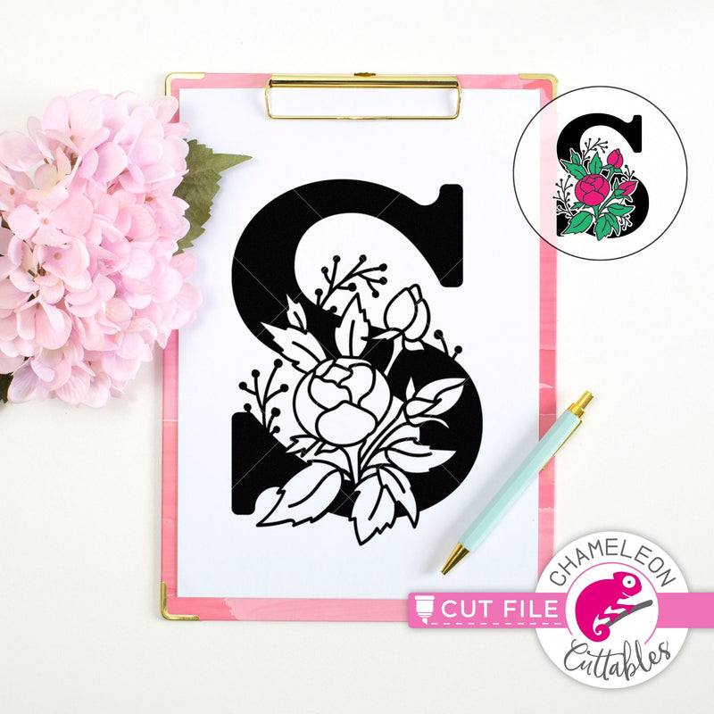 S Floral Monogram Letter with Flowers svg png dxf eps jpeg SVG DXF PNG Cutting File