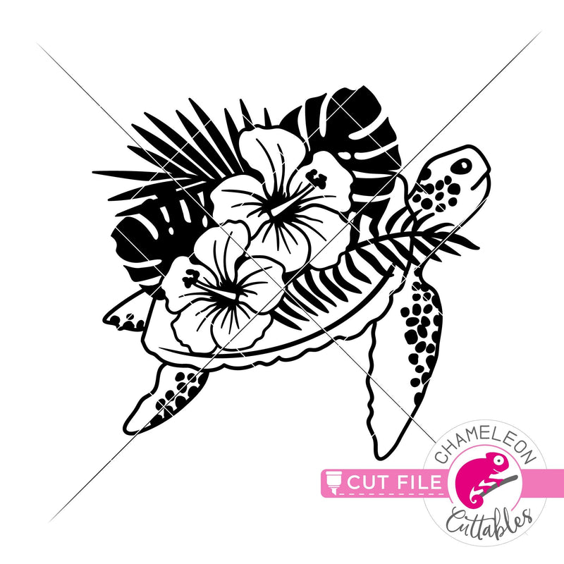 Sea Turtle with hibiscus tropical leaves svg png dxf eps jpeg SVG DXF PNG Cutting File