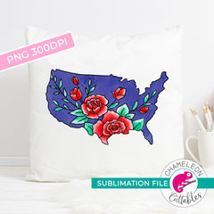 Sublimation design United States of America with Flowers black outline patriotic USA PNG file Sublimation PNG