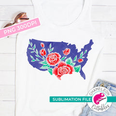 Sublimation design United States of America with Flowers white outline patriotic USA PNG file Sublimation PNG