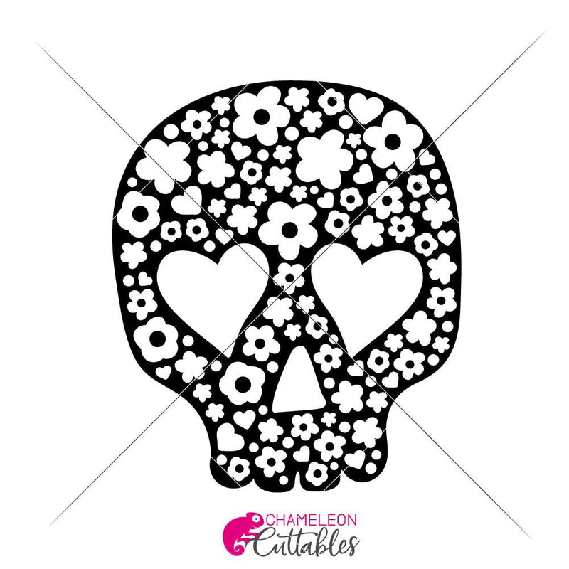 Sugar Skull With Flowers And Hearts Svg Png Dxf Eps Svg Dxf Png Cutting File