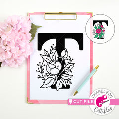 T Floral Monogram Letter with Flowers svg png dxf eps jpeg SVG DXF PNG Cutting File
