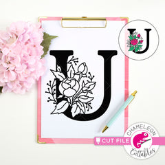 U Floral Monogram Letter with Flowers svg png dxf eps jpeg SVG DXF PNG Cutting File