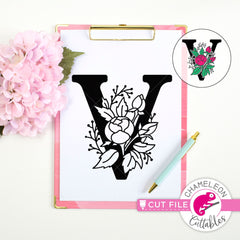 V Floral Monogram Letter with Flowers svg png dxf eps jpeg SVG DXF PNG Cutting File
