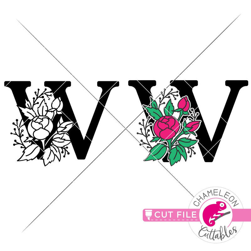 W Floral Monogram Letter with Flowers svg png dxf eps jpeg SVG DXF PNG Cutting File