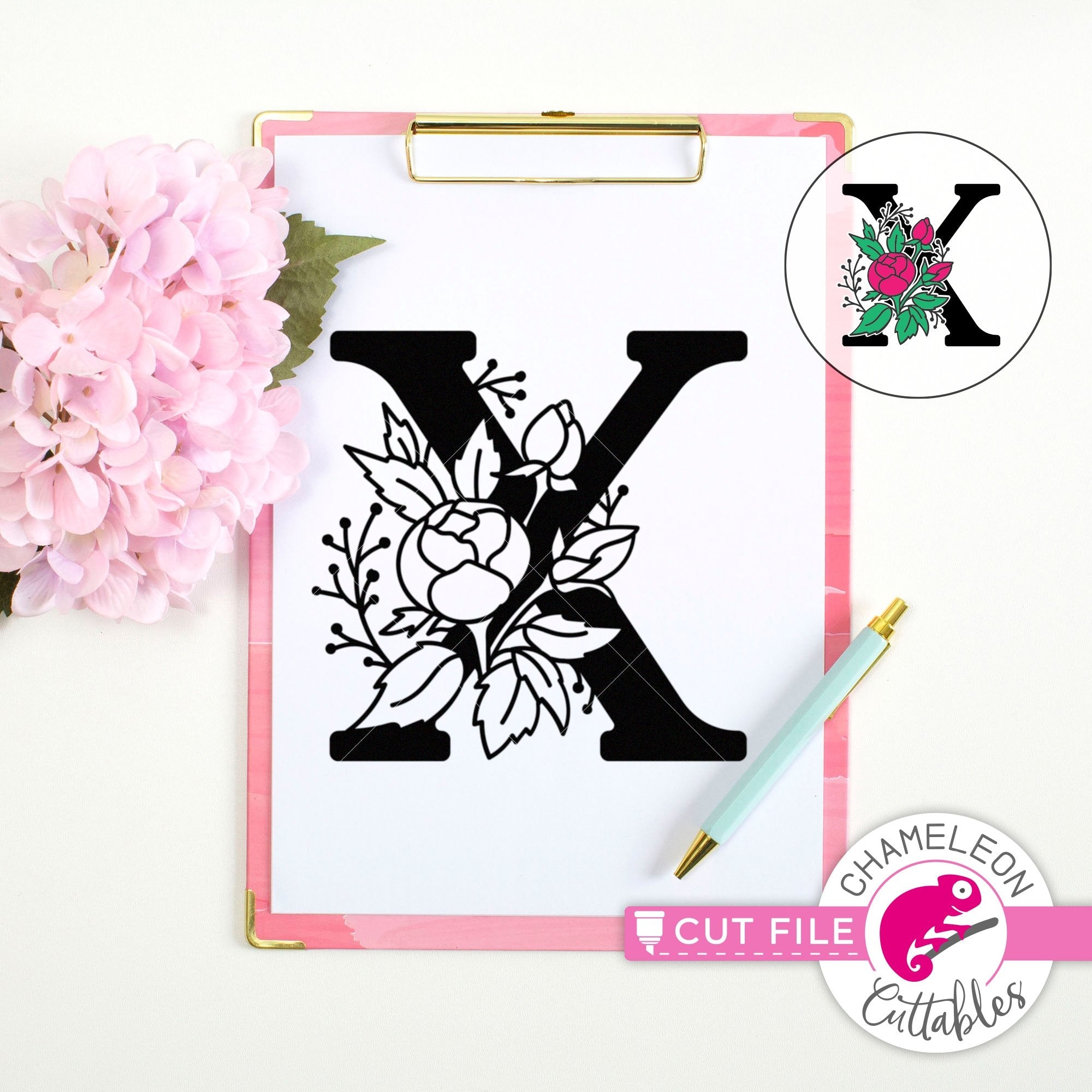 X Floral Monogram Letter with Flowers svg png dxf eps jpeg Chameleon  Cuttables LLC