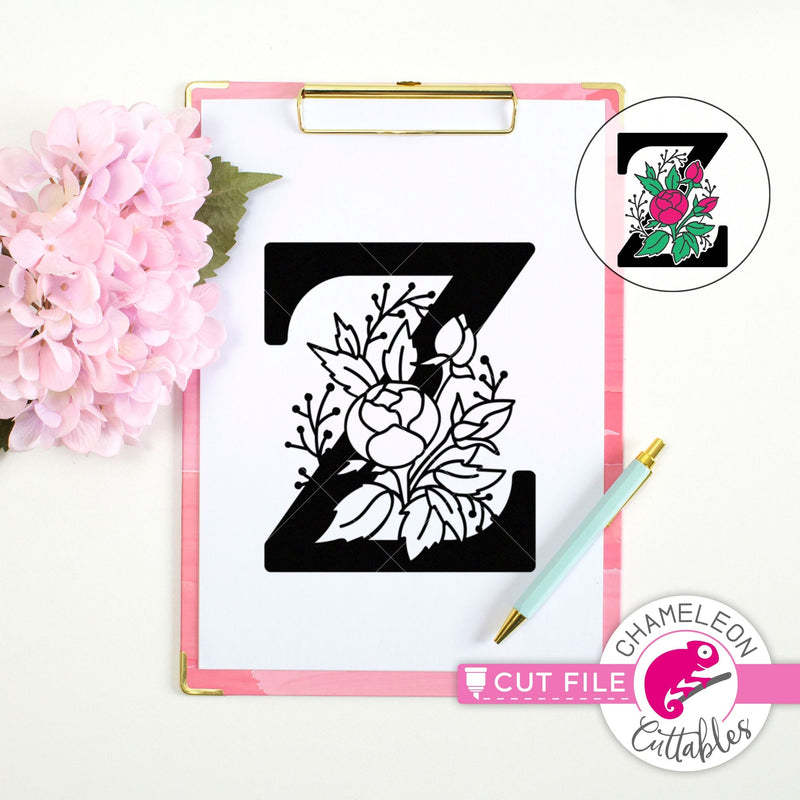 Z Floral Monogram Letter with Flowers svg png dxf eps jpeg SVG DXF PNG Cutting File